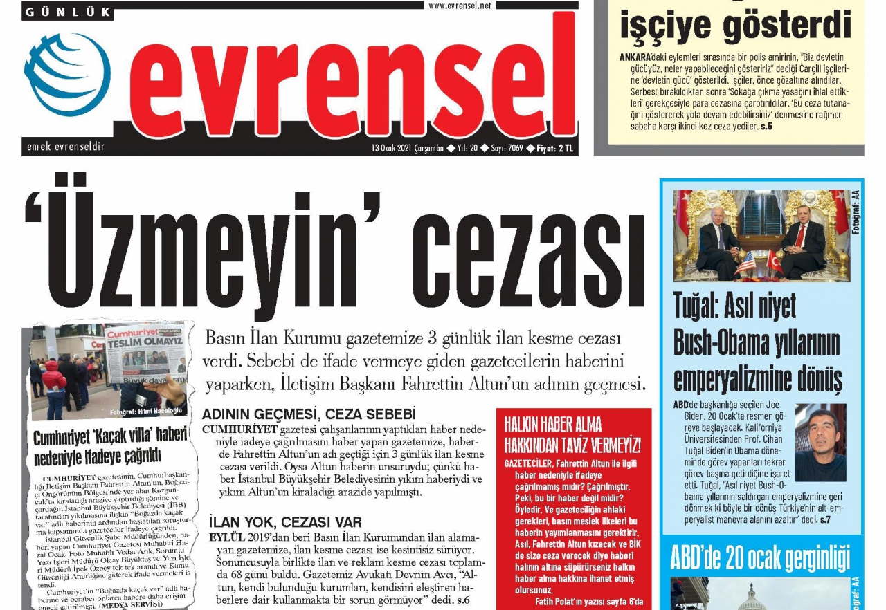 Haberde Altun'un adı geçti, BİK Evrensel'e 3 gün ilan kesme cezası verdi