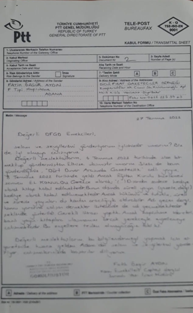 Fatih Özgür Aydın'ın 5 Ağustos 2022 tarihli mektubu