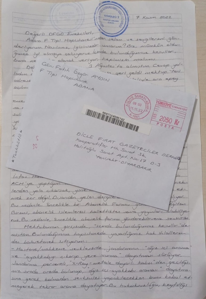 Fatih Özgür Aydın'ın 07 Kasım 2022 tarihli mektubu