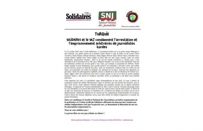 SOLIDAIRES ve SNJ’den Kürt gazetecilerle dayanışma çağrısı