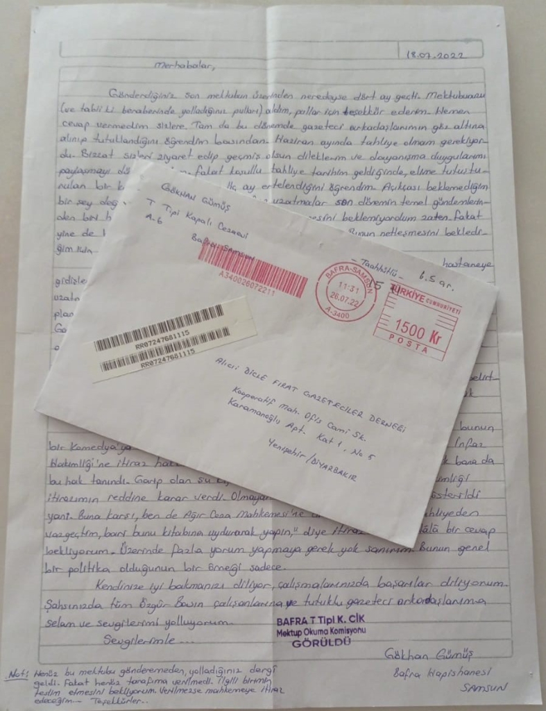 Gökhan Gümüş'ün 18 Temmuz 2022 tarihli mektubu