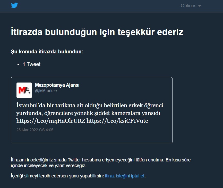 MA’nın Twitter hesabı tarikat yurdu haberinden dolayı paylaşıma kapatıldı