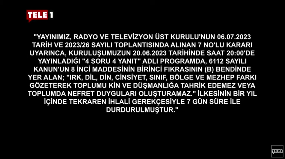 TELE1'in ekranı karartıldı!